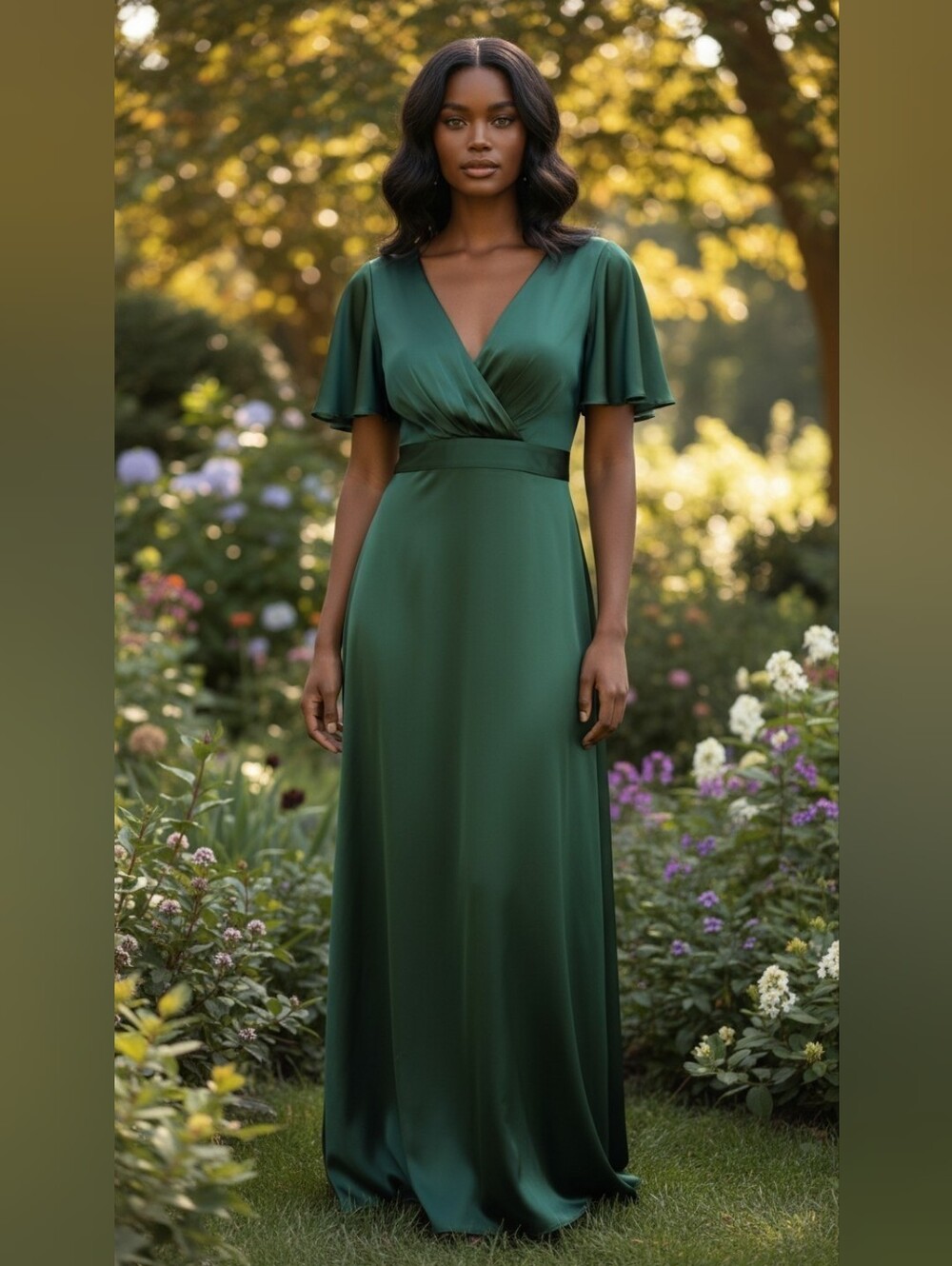 Birdy Grey Forest Green Satin Maxi Bridesmaid Dress V-Neck Flutter Sleeve 3X